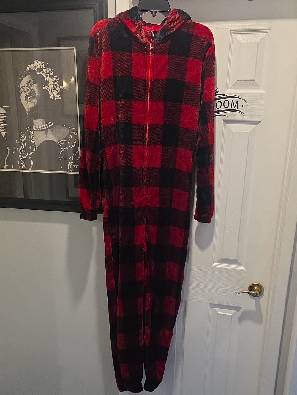 Fashion Nova Red and Black Buffalo Plaid Hooded Onesie Pajama